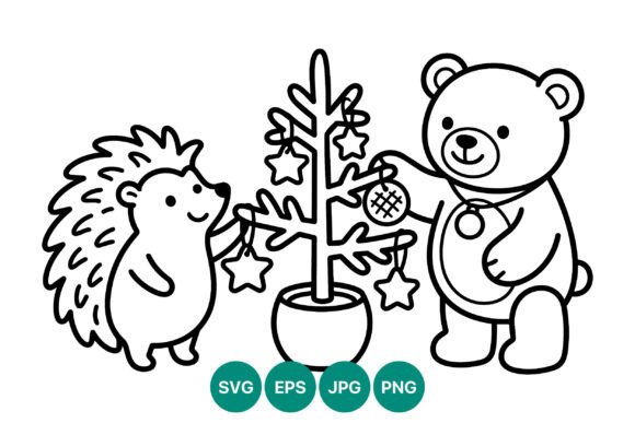 Charming Teddy Bear and Hedgehog Christmas Tree Graphics