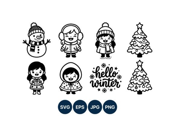 Hello Winter Kids Snowman Christmas Tree: A Charming Illustration for Your Graphics